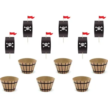 Jedlá dekorace na dort Caketools PartyDeco - papírová dekorace - zápich a košíčky - pirátská párty - 6+6ks