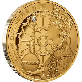 Exkluzivní zlatá mince Královna Alžběta II.- 70. výročí korunovace 1 Oz 2023 (H.M.Queen Elizabeth II.)(v minci je vsazen DIAMANT) PROOF