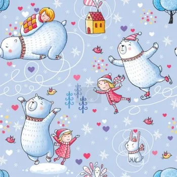 Impregnovaná látka kočárkovina, potisk , lední medvěd na bruslích, modrý podklad, metráž, látka