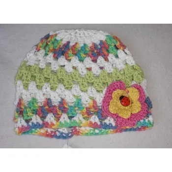 Čepice Bavlněná háčkovaná čepička - bílá/duha s beruškou > 52cm