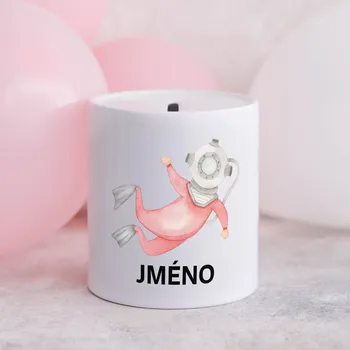 Pokladnička Domovi Bílá keramická pokladnička se jménem Potápěč růžový 9cm