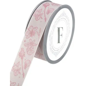 Stuha krp209, Stuha s potiskem květin, 5 m, 3,5 cm, růžová šedá