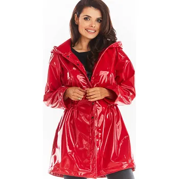 Dámský kabát Vinylová bunda po kolena s kapucí a rovnými rukávy A381 Barva: Červená, Velikost: L/XL