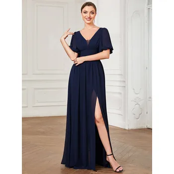 Dámské šaty Společenské šaty s výstřihem do V a širokými rukávy Barva: Tmavě Modrá, Velikost: S