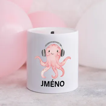 Pokladnička Domovi Bílá keramická pokladnička se jménem Chobotnice růžová 9cm