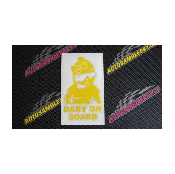 Samolepicí dekorace na vozidlo Baby on board 001 pravá s textem miminko s brýlemi a s mašlí (21 - světle oranžová) SAMOLEPKA NA AUTO, NÁLEPKA, FÓLIE, POLEP, TUNING, VLASTNÍ TEXT, TISK, AUTOSAMOLEPKY.cz, POLEPY, OBRÁZEK, LOGO, 3D STICKERS