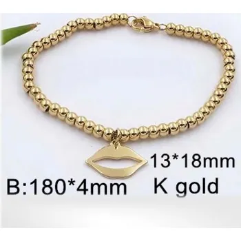 Řetízek 18cm dlouhý řetízek na ruku, 4mm široký - ocelový ve zlaté barvě a přívěsek pusa