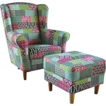 Křeslo ušák ASTRID s taburetem, látka patchwork M1