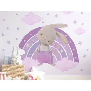 Samolepící dekorace DEKORACJAN Nálepka na zeď - Králíček s duhou barva: fialová