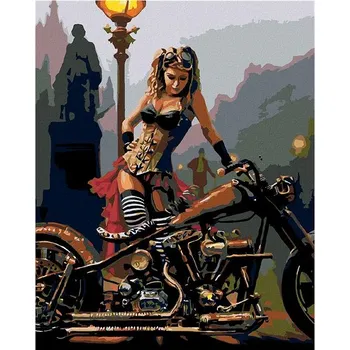 Malování podle čísel - Drsná holka s motorkou, 40x50 cm, bez rámu a bez vypnutí plátna