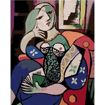 Malování podle čísel - Žena s knihou v obývacím pokoji, 40x50 cm, bez rámu a bez vypnutí plátna