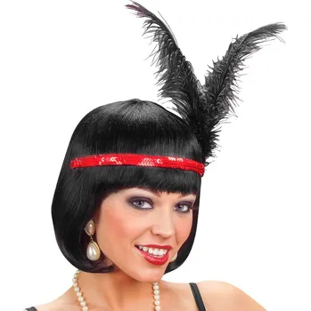 Červená flitrovaná čelenka s dvěmi kusy peří