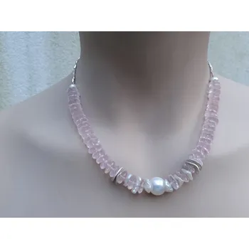 Náhrdelník Náhrdelník růženín broušené rondely, keishi perly, stříbrné disky