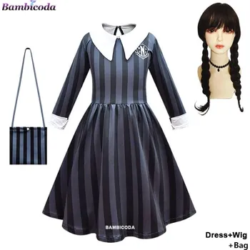 Karnevalový kostým Dětské šaty (kostým) Wednesday Addams akademie Nevermore Varianta: šaty + paruka + kabelka, Velikost: 130 (6-7 let)