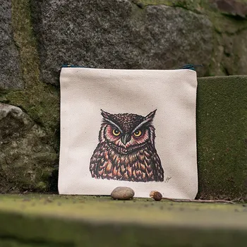 Penál Bavlněný penál čtvercový, potištěný originální kresbou od Alči, Sova