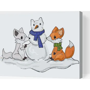 Malování podle čísel - Liška a sněhulák Velikost: 30x40cm, Rámování: Pouze srolované plátno