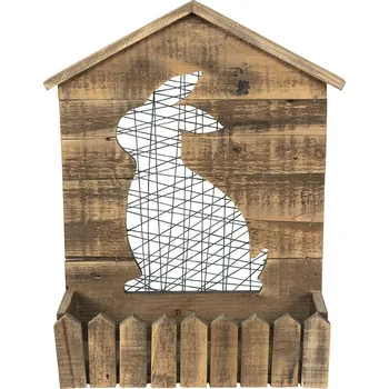 Stojan na květiny Hnědý nástěnný držák na rostliny s králíčkem - 37*11*48 cm