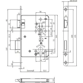 zadlabací zámek BKS Zámek 0515 P20/D65/PZ72/8/235 KL3, oválná lišta, nerez, levý