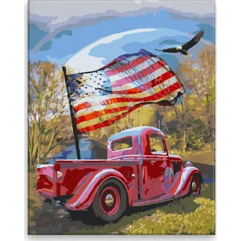 Malování podle čísel - Auto s vlajkou - 40x50 cm, bez dřevěného rámu - CZ výroba