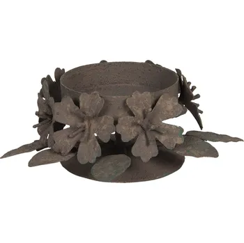 Svícen Hnědý kovový svícen s patinou a květinami - 10*6*5 cm