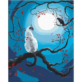 Malování podle čísel - Bíla kočka a vrána při úplňku - 40x50 cm, bez dřevěného rámu - CZ výroba