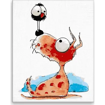 Dětské zboží Malování podle čísel - Pejsek s ptáčkem na čumáčku - 40x50 cm, bez dřevěného rámu - CZ výroba