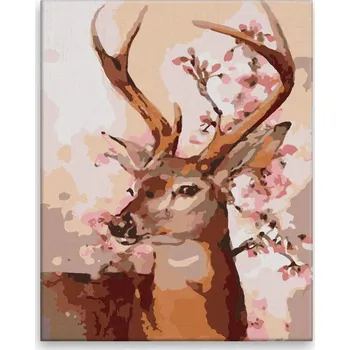 Malování podle čísel - Jelen s růžovými květy - 40x50 cm, bez dřevěného rámu - CZ výroba