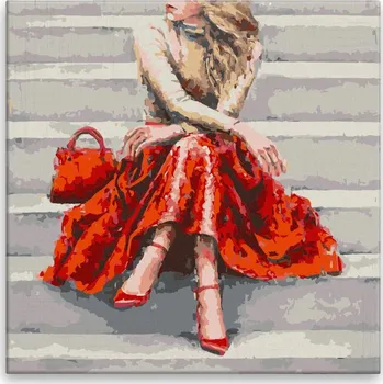 Malování podle čísel - Blondýna v rudém - 40x40 cm, bez dřevěného rámu - CZ výroba