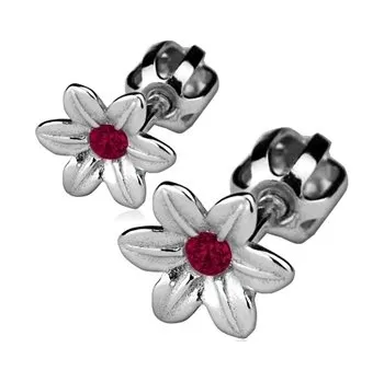 Náušnice Stříbrné náušnice na šroubek - kytičky s tmavě růžovým zirkonem