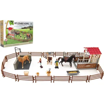 domeček pro figurky Teddies Výběh/ohrada pro koně + ošetřovatelé + kůň 2 ks