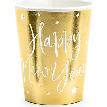 Party nádobí Kelímky papírové zlaté s nápisem Happy New Year metalické 220 ml, 6 ks