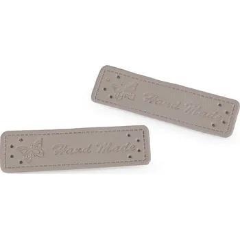 Cedulka - nášivka Hand made - 15 x 50mm / 1ks / šedo-béžová
