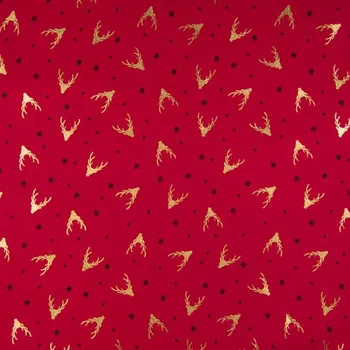 Vánoční popelín červený, zlaté hlavy sobů, š.145