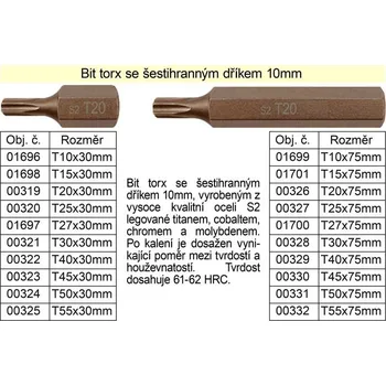 Bit Bit torx T10 se šestihranným dříkem 10mm délka 75mm
