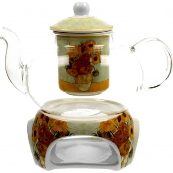 Filtrační konvice DUO Gifts DG - Skleněná konvice s ohřívačem na čajovou svíčku V. van Gogh SLUNEČNICE v dárkové krabičce - 1000 ML