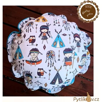 Dětská deka Polštářek kulatý indiáni tyrkysová 50cm (Ručně šitý polštářek indiáni tyrkysová 50cm.)