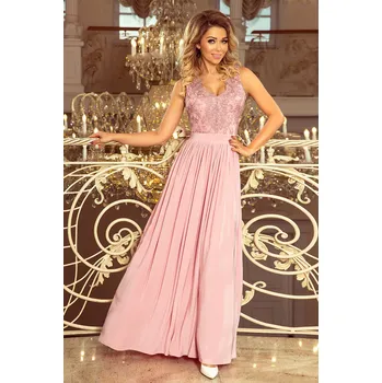 Dámské šaty LEA - Dlouhé dámské šaty v barvě taupe bez rukávů, s vyšívaným výstřihem 215-5 XL