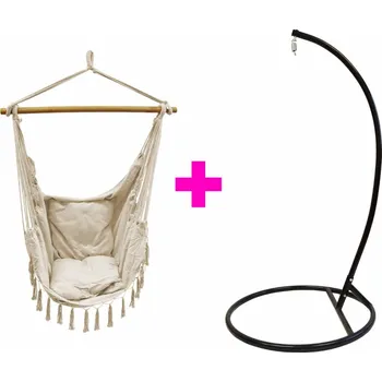 Křeslo IWHOME Závěsné křeslo DIONA s třásněmi béžová + stojan ERIS černá IWH-10190011 + IWH-10260002