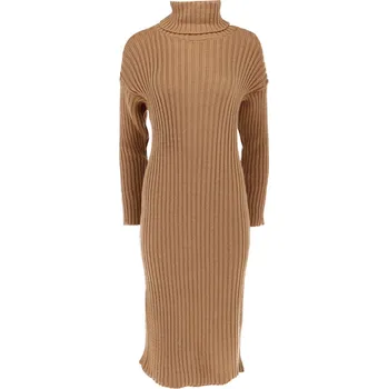 Dámské oblečení Delší úpletové šaty EM21237 s módním rolákem Itálie barva: hnědá