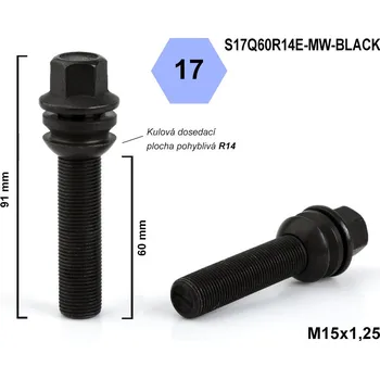 Šroubek na kolo Kolový šroub M15x1,25x60 kulový R14, pohyblivá plocha, klíč 17, S17Q60R14E-MW-BLACK, černý, výška 91 mm