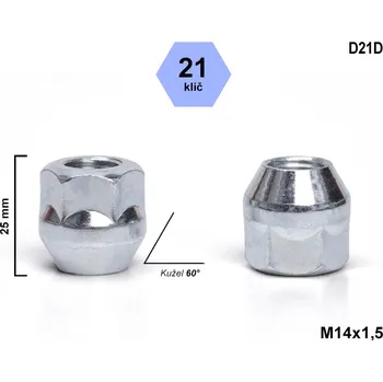 Matice na kolo Kolová matice M14x1,5 kužel, otevřená, klíč 21, D21D, výška 25 mm
