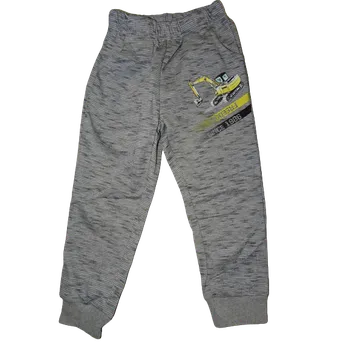 Chlapecké šedoobílé proužkované tepláky se žlutým bagrem freedom. 104