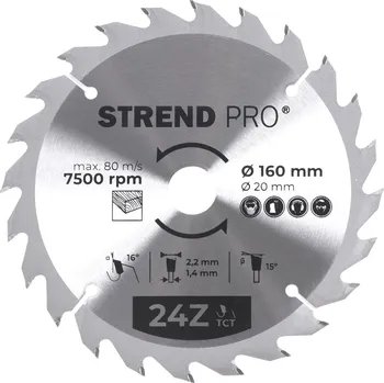 Pilový kotouč STREND PRO 2232018 Kotouč pilový, na dřevo, 160mm, 24 zubů, 20/16mm, 2,2mm, TCT