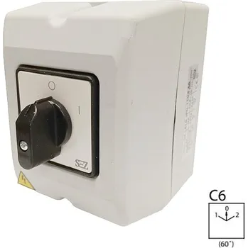 vypínač SEZ S10 JPD 9151 C6 Vačkový spínač s čelní deskou v krytu IP65, reverzační přepínač 10A, 1-0-2 (SEZ S10 JPD 9151 C6)