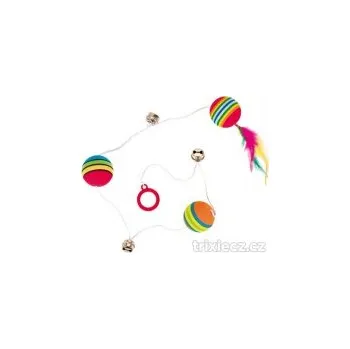 Hračka pro kočku Duhové míčky na šňůrce s&nbsp;rolničkami&nbsp;3,5&nbsp;cm/80 cm