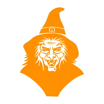 Samolepící dekorace Čarodějnice 002 pravá hlava s kloboukem (06 - oranžová) SAMOLEPKA NA AUTO, NÁLEPKA, FÓLIE, POLEP, TUNING, VLASTNÍ TEXT, TISK, AUTOSAMOLEPKY.cz, POLEPY, OBRÁZEK, LOGO, 3D STICKERS