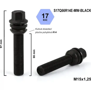 Šroubek na kolo Kolový šroub M15x1,25x66 kulový R14, pohyblivá plocha, klíč 17, S17Q66R14E-MW-BLACK, výška 97 mm, černý