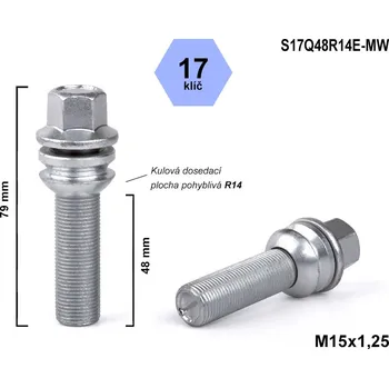 Šroubek na kolo Kolový šroub M15x1,25x48 kulový R14, pohyblivá plocha, klíč 17, S17Q48R14E-MW, výška 79 mm