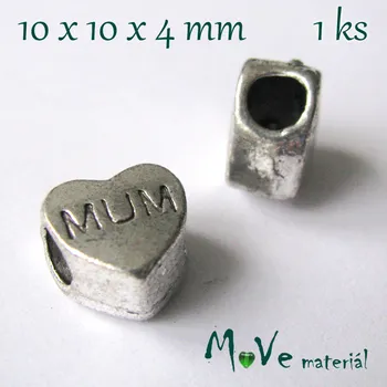 Dětské navlékací korálky Korálek kovový srdce, 1 kus, starostříbro