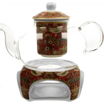 Filtrační konvice DUO Gifts DG - Skleněná konvice s ohřívačem na čajovou svíčku William Morris, STRAWBERRY THIEF RED v dárkové krabičce - 1000 ML